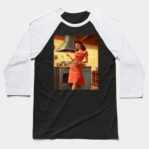 A Pin Up Girl in the Kitchen Baseball T-Shirt by goodoldvintage